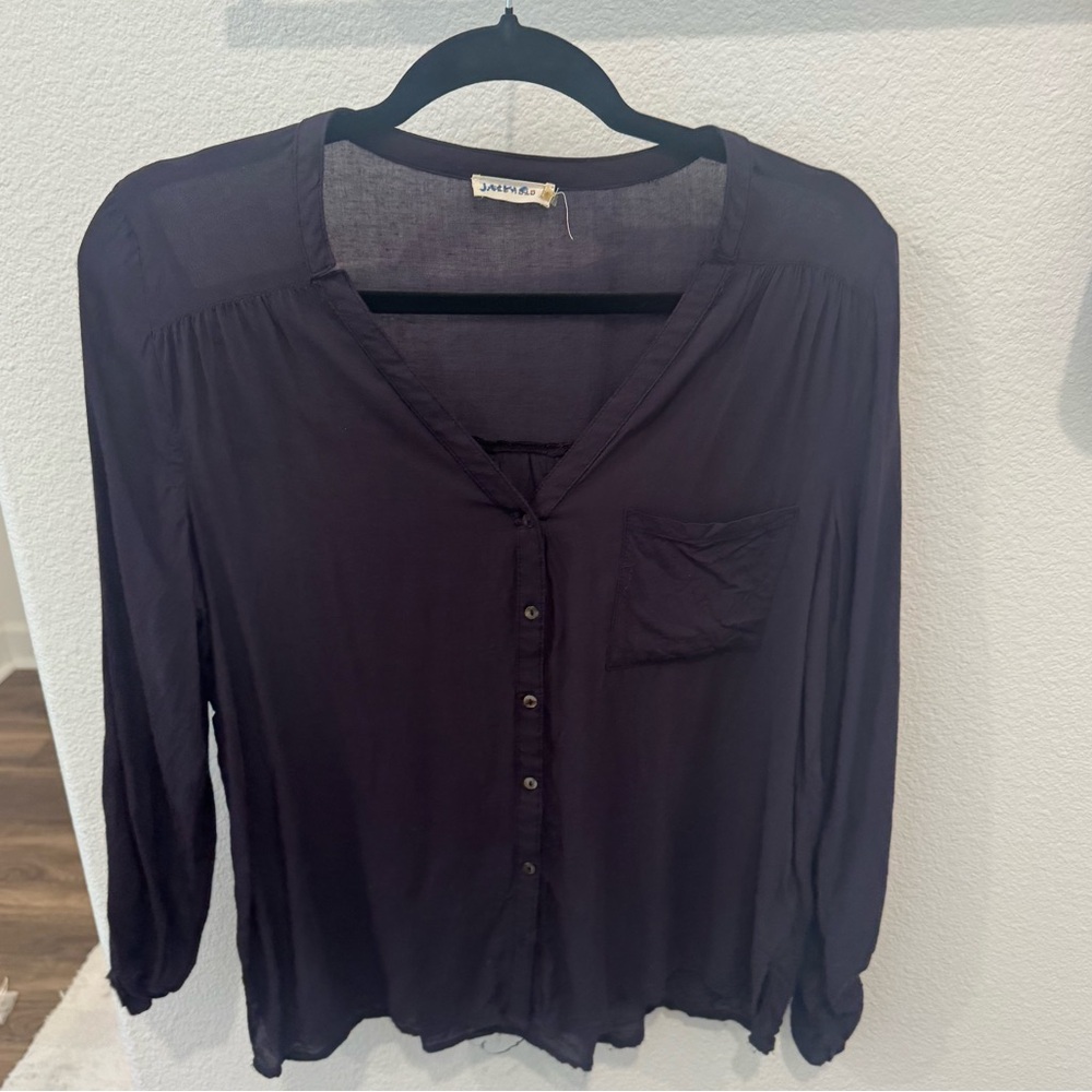 Navy collarless Button-Down Shirt